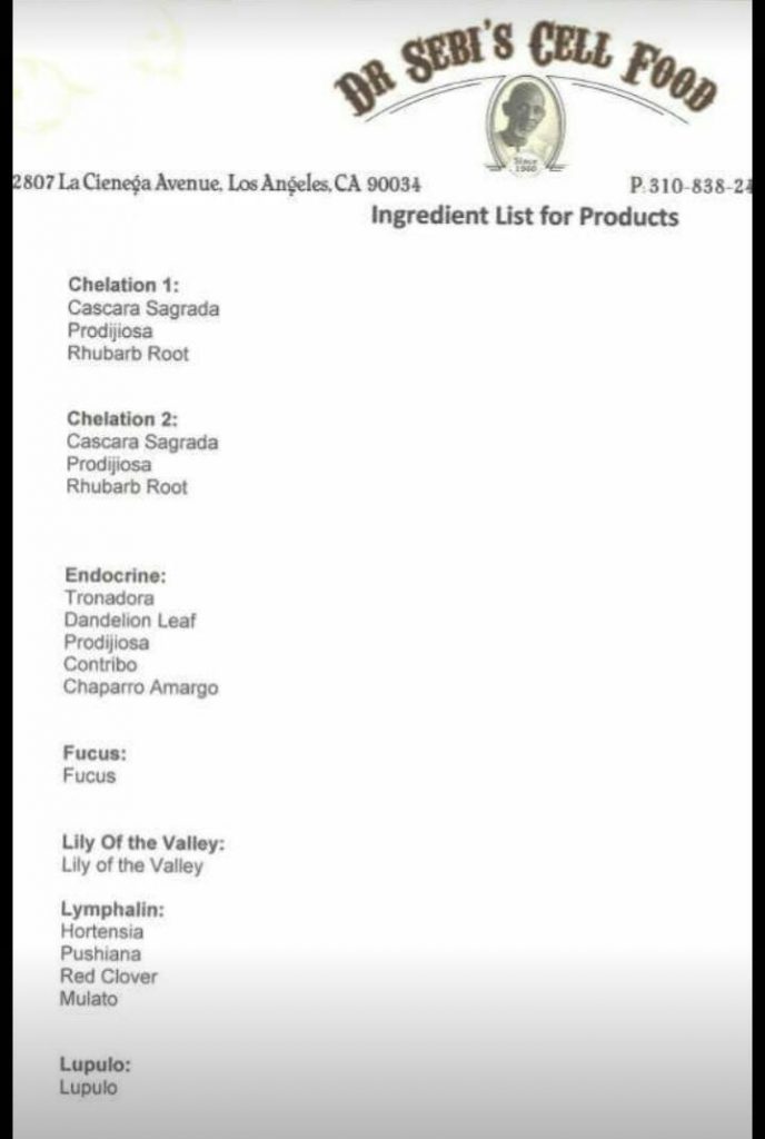 Dr. SEBI cell food product list. 